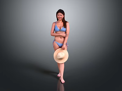 Woman In Blue Bikini Holding Straw Hat With Arms Crossed On Gray Background 3d model
