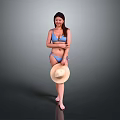 Woman In Blue Bikini Holding Straw Hat With Arms Crossed On Gray Background