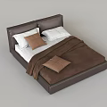 Double Bed with Brown Leather Frame White Sheets Brown Cushions Pillows and Blanket 3d model