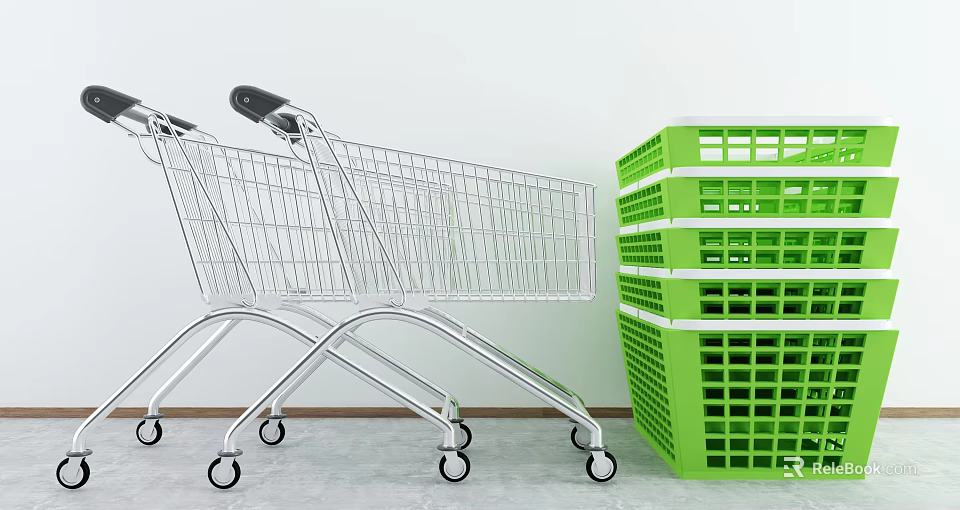 Public Retail Metal Shopping Carts With Stacked Green Plastic Storage Baskets 3d model 