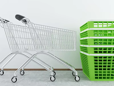 Public Retail Metal Shopping Carts With Stacked Green Plastic Storage Baskets 3d model