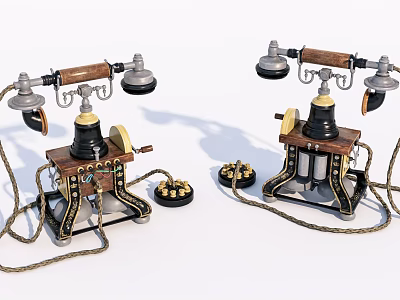 Vintage Retro Telephones With Wooden Handles Metal Bells And Classic Design 3d model