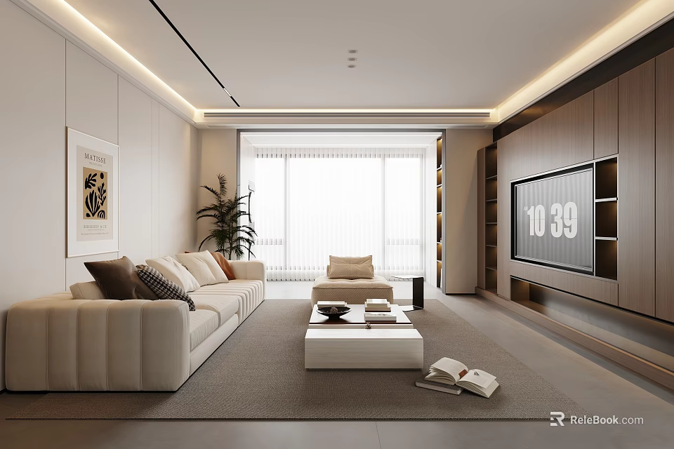Modern Living Room with Beige Sofa Coffee Table TV Cabinet and Floor-to-Ceiling Windows 3d model 