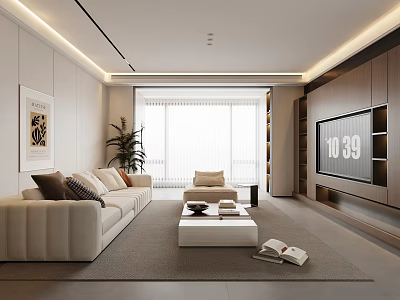 Modern Living Room with Beige Sofa Coffee Table TV Cabinet and Floor-to-Ceiling Windows 3d model