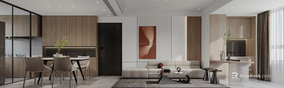 Modern Open Concept Living Dining Room With Beige Sofa Coffee Table And Abstract Artwork 3d model