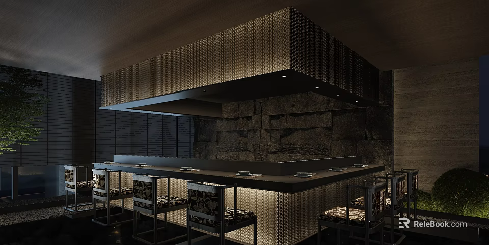 Premium Dark Tone Japanese Restaurant Interior With Open Teppanyaki Counter And Soft Ambient Lighting 3d model 