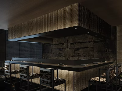 Premium Dark Tone Japanese Restaurant Interior With Open Teppanyaki Counter And Soft Ambient Lighting 3d model