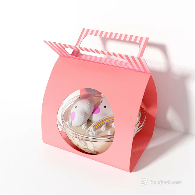 Pink Gift Box With Striped Handle And Transparent Window Holding Sweet Candy 3d model 