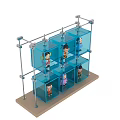 Two Tiered Display Shelf With Metal Frame Wooden Base And Transparent Blue Boxes Holding Figurines