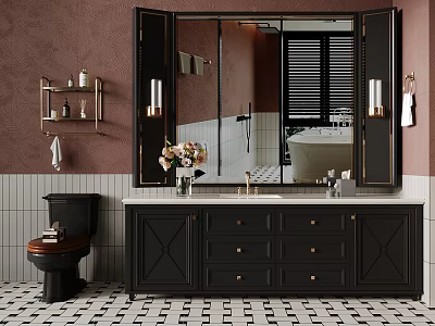Elegant Bathroom Interior With Black Vanity Double Door Mirror Brass Accents And Checkerboard Floor 3d model