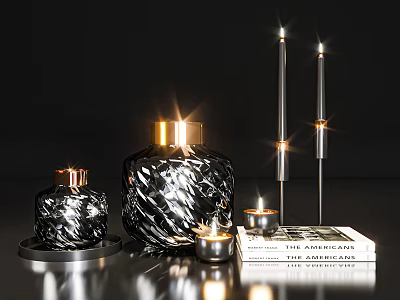 Elegant Modern Decorative Ornament Set With Textured Black Jars Gold Lids Metal Candle Holders Small Candles And Books 3d model