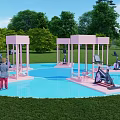 Circular Blue Playground Equipment Area With Pink Pavilions And Children Playing On Green Lawn