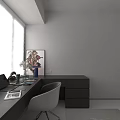 Modern Black Desk with Laptop Headphones Open Book Pen Cup Window Blinds and Wall Art