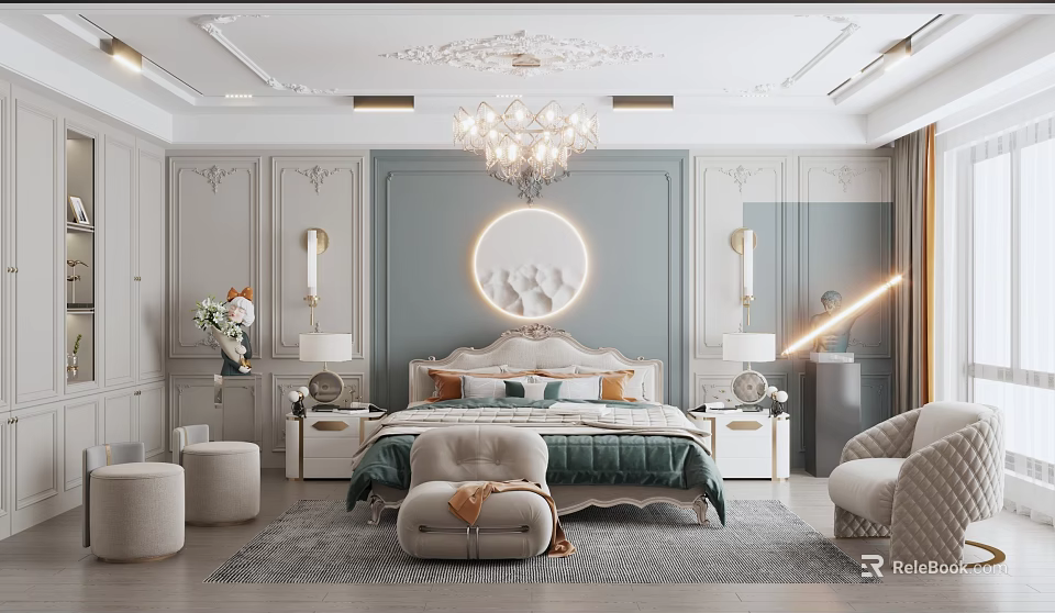 Elegant Modern Bedroom Interior Design With Chandelier Circular Decor Bedside Tables And Wall Lamps 3d model 
