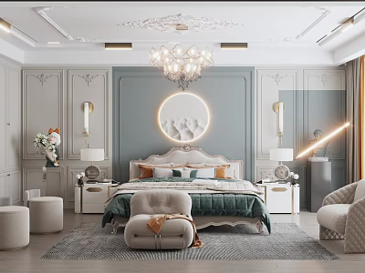 Elegant Modern Bedroom Interior Design With Chandelier Circular Decor Bedside Tables And Wall Lamps 3d model