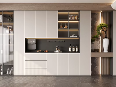 Modern Sleek Wine Cabinet With White Cabinetry LED Lighting And Wine Bottle 3d model