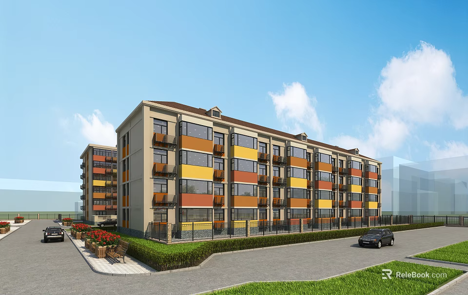 Multi Story Residential Building Featuring Colorful Walls Balconies Lawn Flower Beds Under Blue Sky Clouds 3d model 