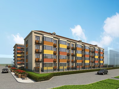Multi Story Residential Building Featuring Colorful Walls Balconies Lawn Flower Beds Under Blue Sky Clouds 3d model