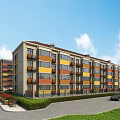 Multi Story Residential Building Featuring Colorful Walls Balconies Lawn Flower Beds Under Blue Sky Clouds