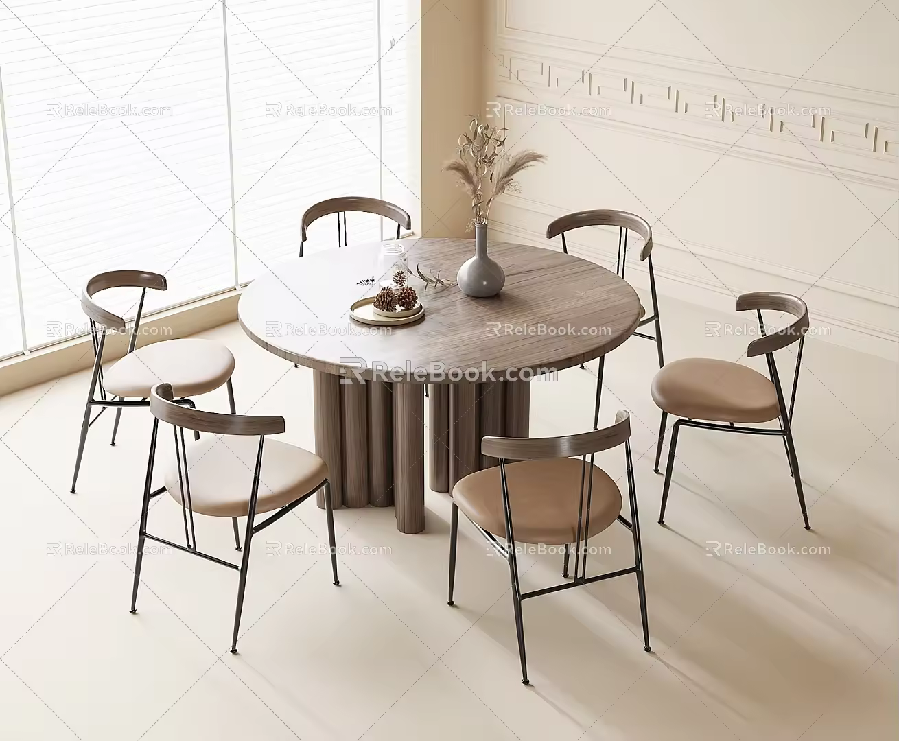 Mid-ancient style dining table and chair combination round dining table dining chair 3d model