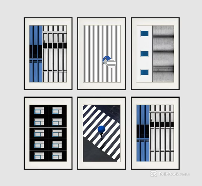 Geometric Abstract Wall Art Prints With Blue Black White Patterns For Home Decor 3d model