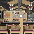 Warm Wooden Restaurant Interior Featuring Ceiling Fans Dining Tables And Menu Display Shelves