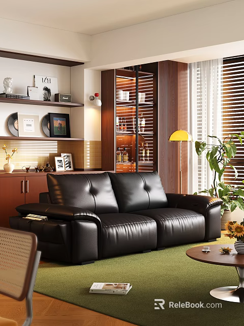 Modern Black Leather Sofa Coffee Table Set With Wooden Shelves Floor Lamp And Green Plants 3d model 
