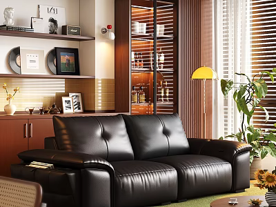 Modern Black Leather Sofa Coffee Table Set With Wooden Shelves Floor Lamp And Green Plants 3d model