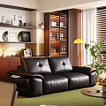Modern Black Leather Sofa Coffee Table Set With Wooden Shelves Floor Lamp And Green Plants