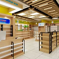Well Organized Store Interior With Wooden Shelves Yellow Walls Bright Lighting And Category Sections