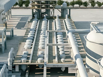 Industrial Factory Building Featuring Large Storage Tanks Metal Pipes And Concrete Platforms 3d model