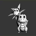 Black White Cartoon Dragon Game Movie Character With Big Eyes Leaf Decoration And Small Companions
