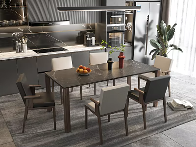 Modern Dining Table Set With Marble Top And White Grey Wooden Chairs 3d model