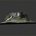 Wooden Stump And Stone Decor In Natural Setting With Green Moss Grass
