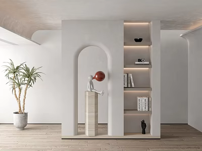 Modern Arched Room Divider with Shelves Books Decorative Items and Potted Plant in Minimalist Interior Space 3d model
