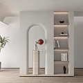 Modern Arched Room Divider with Shelves Books Decorative Items and Potted Plant in Minimalist Interior Space