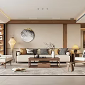 Modern Chinese Living Room Interior Design With Beige Sofa Coffee Table Floor Lamp And Bookshelf