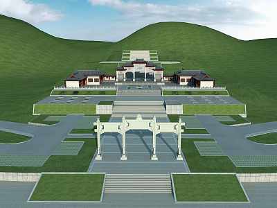 Chinese Traditional Memorial Archway With Stone Steps Traditional Buildings And Green Hills 3d model