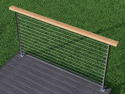 Outdoor Railing With Metal Cable Design Wooden Handrail Gray Wooden Deck And Green Grass Background 3d model