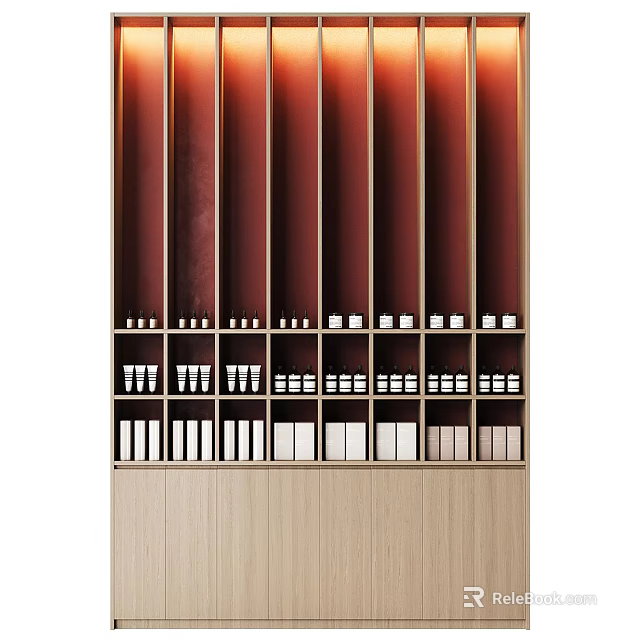 Organized Display Cabinet With Layered Shelves Holding Various Detergent And Daily Supplies 3d model 