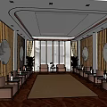 Hotel Public Lounge Area With Bamboo Paneling Round Ink Paintings Wooden Flooring And Brown Sofas
