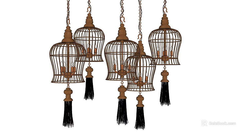 Vintage Birdcage Shaped Chandeliers Hanging With Chains And Ornate Tassels 3d model 