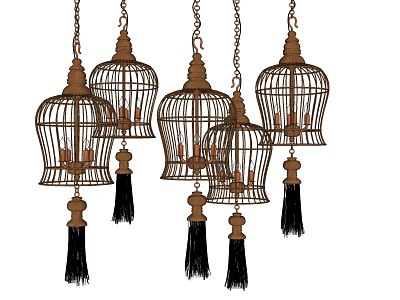 Vintage Birdcage Shaped Chandeliers Hanging With Chains And Ornate Tassels 3d model