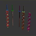 Five Decorative Knives With Red Spiral Handles And Metallic Blades Against Grey Gradient Background