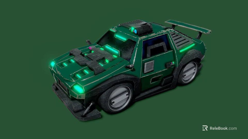 Green Cyberpunk Car With Neon Lights And Futuristic Modified Styling Design 3d model 