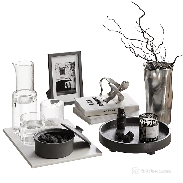 Minimalist Decorative Ornament Set With Glass Carafe Photo Frame Metal Vase Twigs And Trays 3d model 