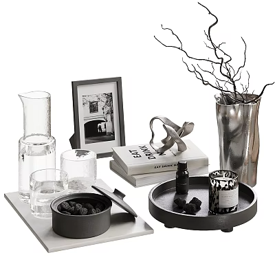 Minimalist Decorative Ornament Set With Glass Carafe Photo Frame Metal Vase Twigs And Trays 3d model