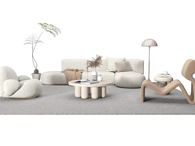 Modern Living Room Sofa Coffee Table Set With Round Table Beige Seating And Floor Lamp 3d model