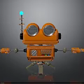 Orange Robot Figure With Large Round Eyes Blue Light Antenna Extended Arms And Metal Legs