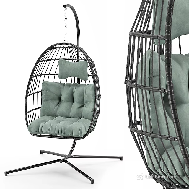 Comfortable Rattan Hanging Chair With Metal Frame And Light Green Cushions 3d model 